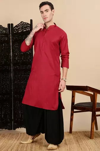 Red cotton textured kurta pajama for mens