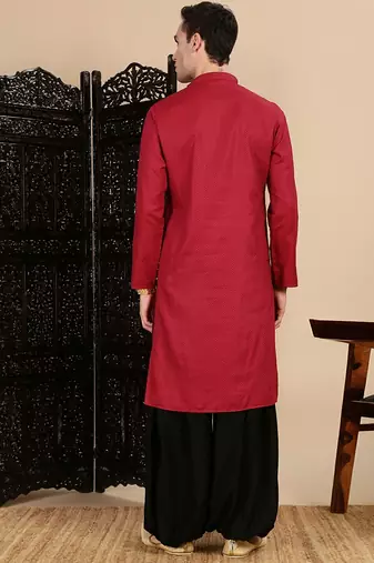 Red cotton textured kurta pajama for mens