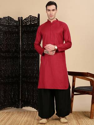 Red cotton textured kurta pajama for mens 5