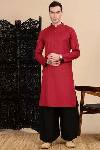 Red cotton textured kurta pajama for mens