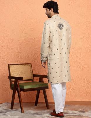 Yoke design embroidered cotton beige kurta 3