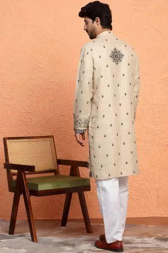 Yoke design embroidered cotton beige kurta