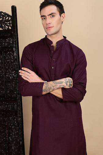 Purple cotton textured kurta pajama for mens