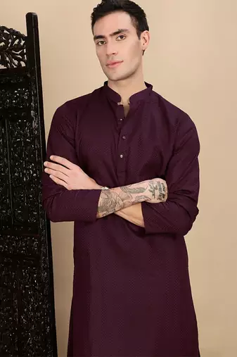 Purple cotton textured kurta pajama for mens
