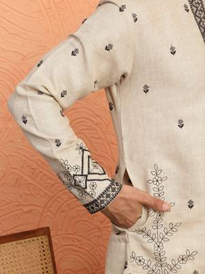 Yoke design embroidered cotton beige kurta 4