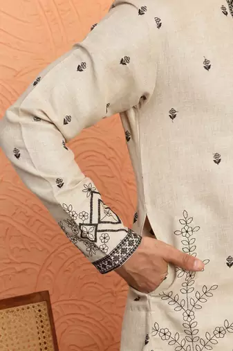 Yoke design embroidered cotton beige kurta