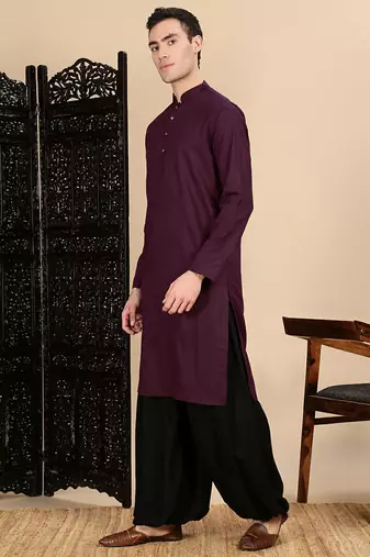 Purple cotton textured kurta pajama for mens