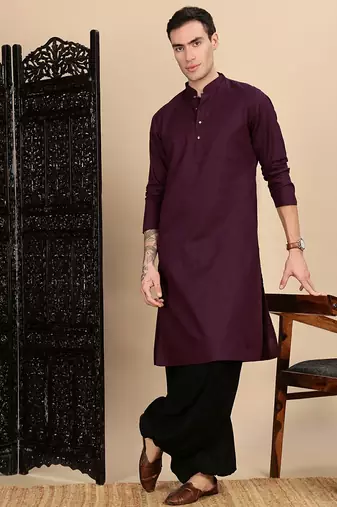 Purple cotton textured kurta pajama for mens