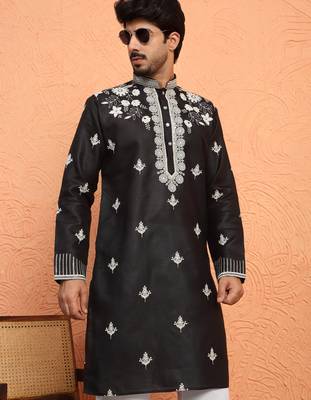 Cotton yoke design floral embroidered black kurta 1