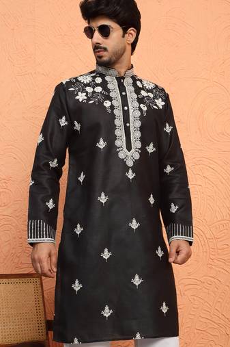 Cotton yoke design floral embroidered black kurta