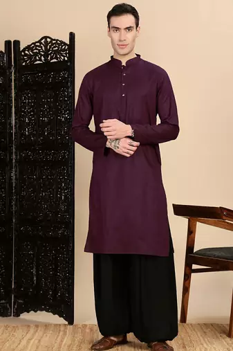 Purple cotton textured kurta pajama for mens