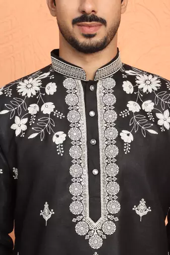 Cotton yoke design floral embroidered black kurta