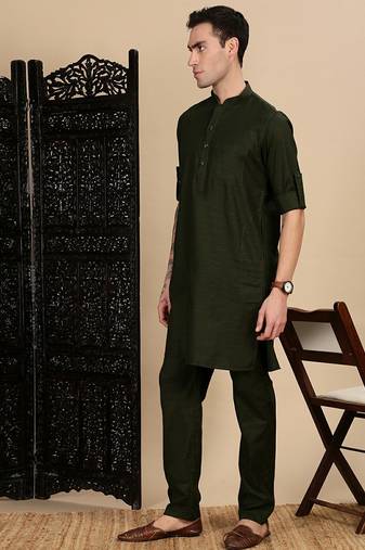 Olive cotton solid kurta pajama for mens