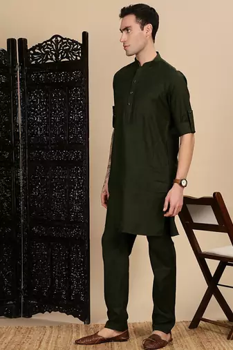 Olive cotton solid kurta pajama for mens