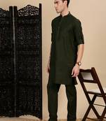 Olive cotton solid kurta pajama for mens