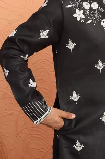 Cotton yoke design floral embroidered black kurta