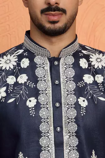 Cotton yoke design floral embroidered blue kurta