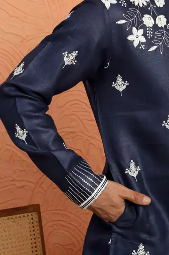 Cotton yoke design floral embroidered blue kurta