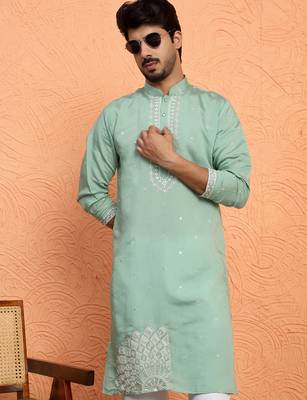 Cotton silk yoke design embroidered green kurta 1