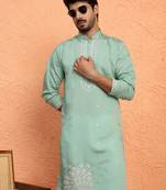 Cotton silk yoke design embroidered green kurta