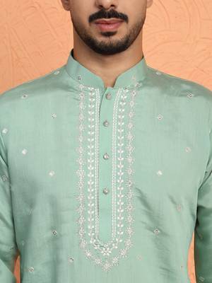 Cotton silk yoke design embroidered green kurta 2