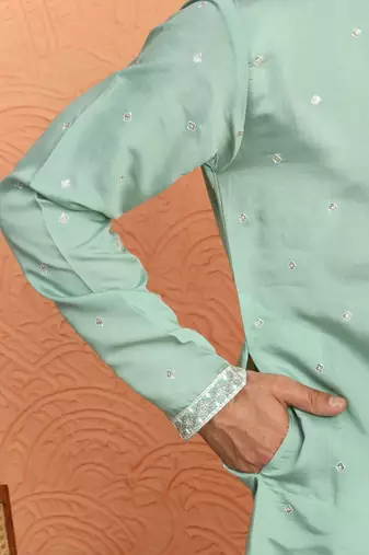 Cotton silk yoke design embroidered green kurta