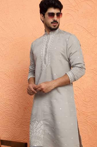Cotton silk yoke design embroidered grey kurta