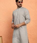 Cotton silk yoke design embroidered grey kurta