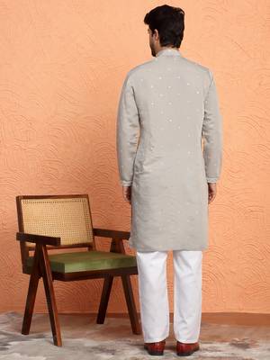 Cotton silk yoke design embroidered grey kurta 3
