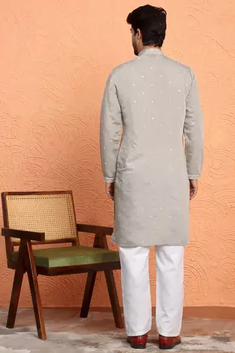 Cotton silk yoke design embroidered grey kurta