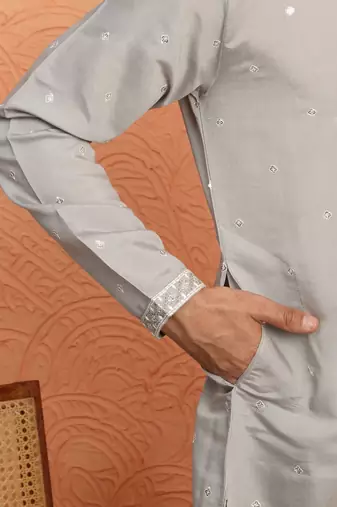 Cotton silk yoke design embroidered grey kurta