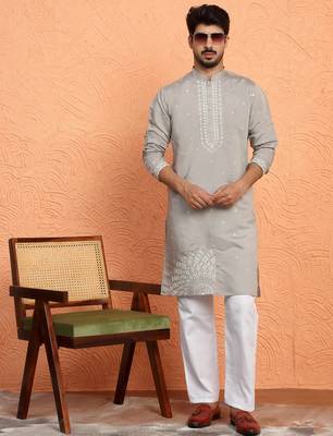 Cotton silk yoke design embroidered grey kurta 5