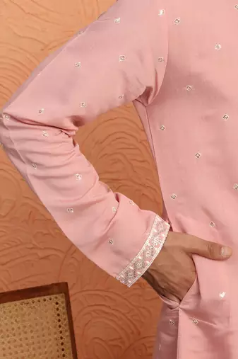 Cotton silk yoke design embroidered pink kurta