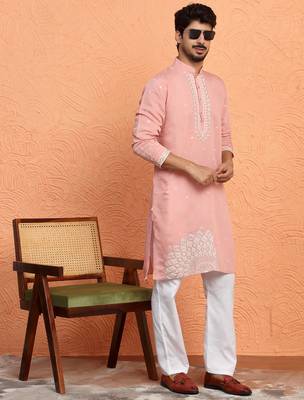 Cotton silk yoke design embroidered pink kurta 5