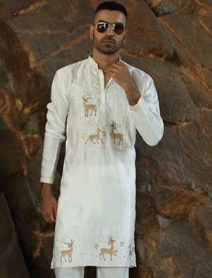 Cotton silk embroidered cream kurta 1