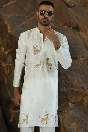 Cotton silk embroidered cream kurta