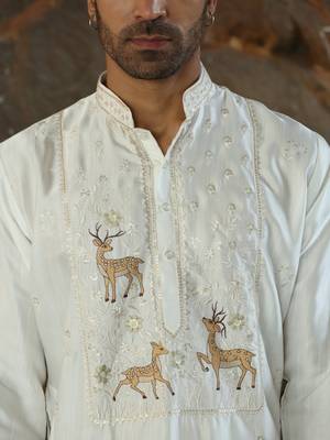 Cotton silk embroidered cream kurta 2