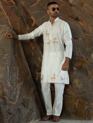 Cotton silk embroidered cream kurta 4