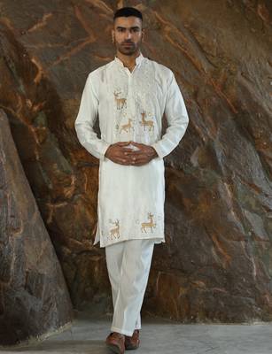 Cotton silk embroidered cream kurta 5
