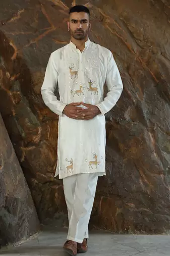 Cotton silk embroidered cream kurta