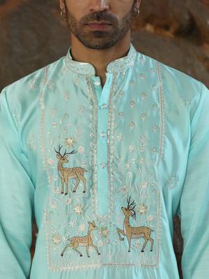 Cotton silk embroidered sky blue kurta 2