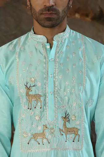 Cotton silk embroidered sky blue kurta