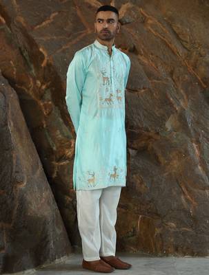 Cotton silk embroidered sky blue kurta 4