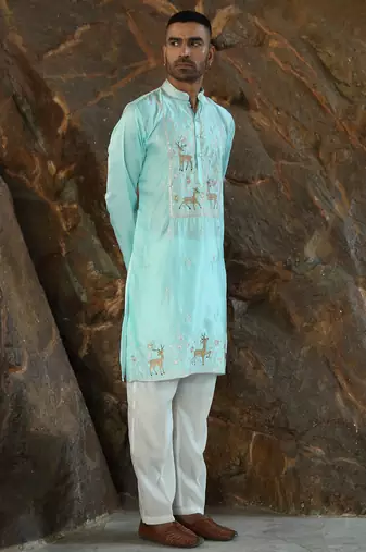 Cotton silk embroidered sky blue kurta