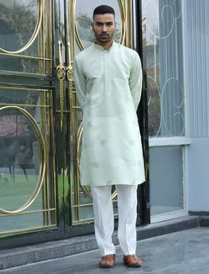 Cotton silk yoke design embroidered green kurta 1