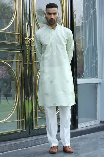 Cotton silk yoke design embroidered green kurta