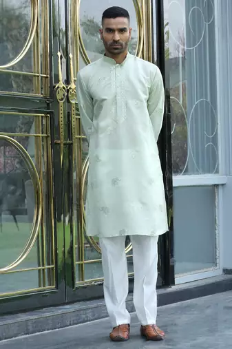 Cotton silk yoke design embroidered green kurta