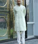 Cotton silk yoke design embroidered green kurta