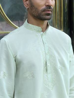 Cotton silk yoke design embroidered green kurta 2