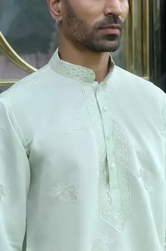 Cotton silk yoke design embroidered green kurta